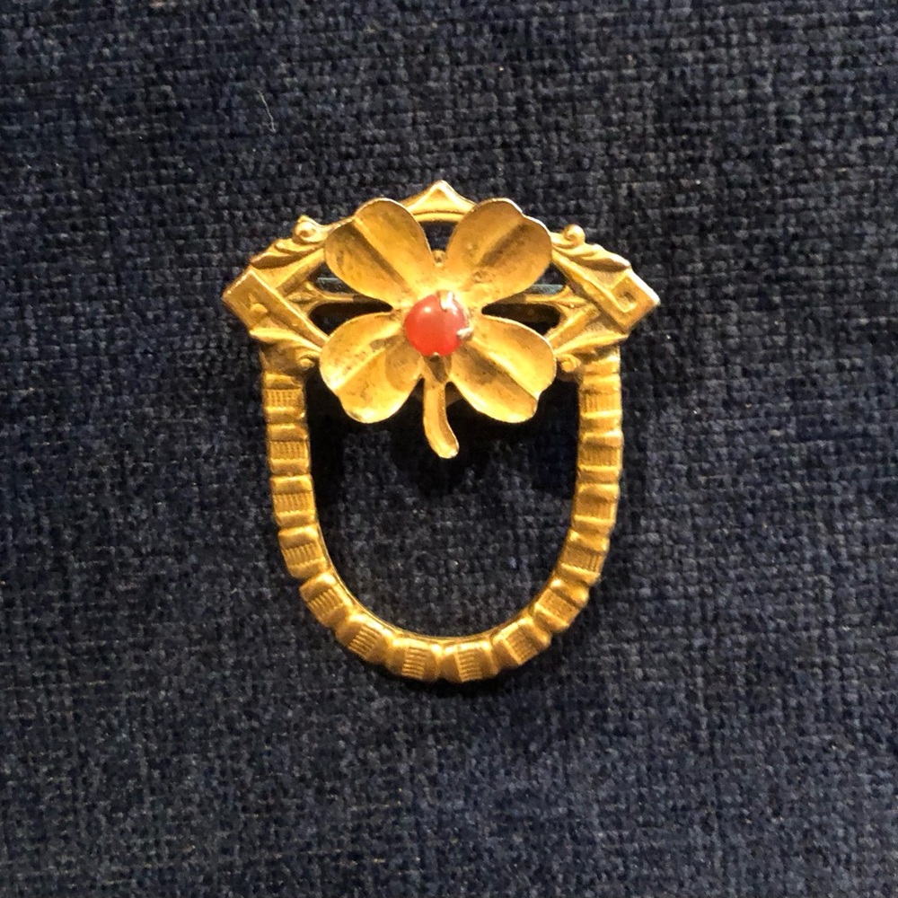 Vintage  brass four leaf clover brooch with Red Accent Originals by Robert